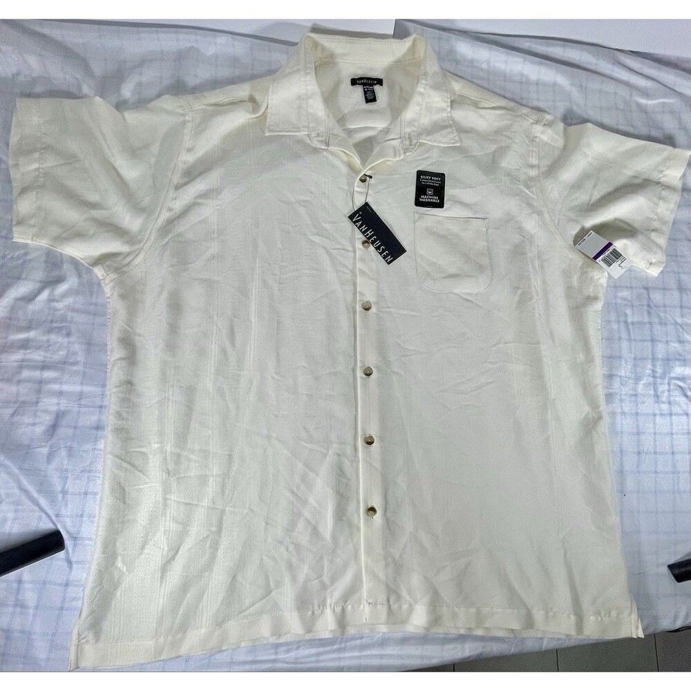 Van Heusen Camp Shirt Men XXL 2X Cream White Textured Rayon Blend NWT $50